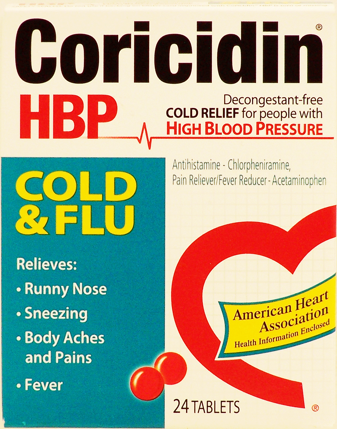 Coricidin&nbsp;&nbsp;hbp cold flu tablets, relieves runny nose, sneezing, fever, body aches and pains Full-Size Picture